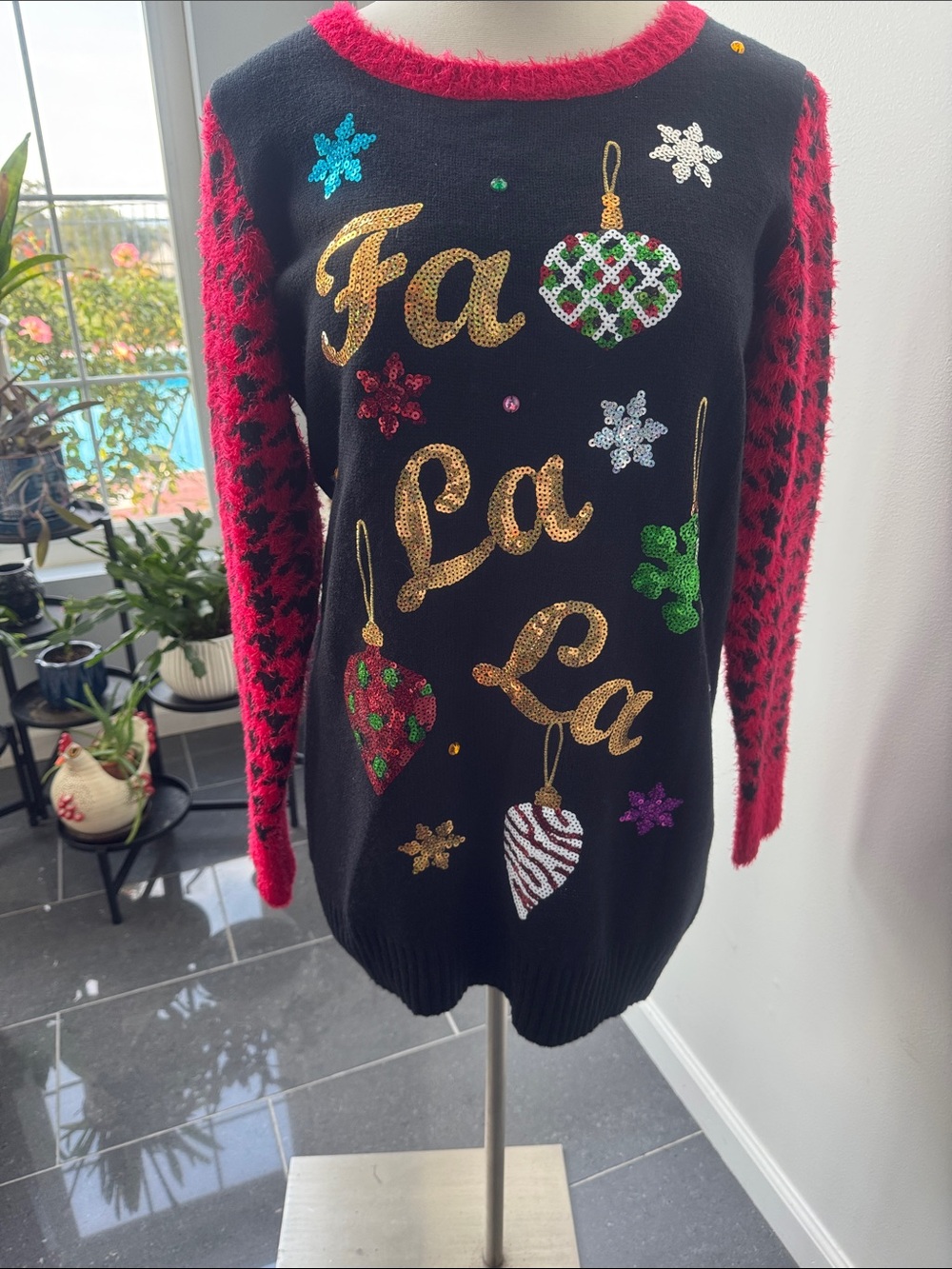 united states sweaters Black & Hot Red 'Fa La La' Sequin Ornament Sweater